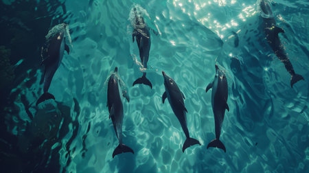 A pod of dolphins swimming in crystal-clear waters, their silhouettes visible beneath the surface as they glide effortlessly through the ocean.の素材