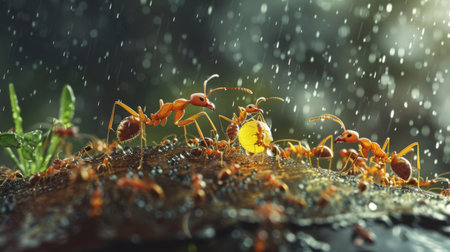 Ants carrying eggs and larvae to safety during a rainstorm, exemplifying their instinctual nurturing behavior and dedication to their colony.の素材