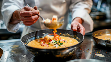 A seafood chef preparing classic lobster bisque soup, blending creamy broth with chunks of tender lobster meat and aromatic herbs.の素材