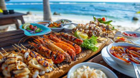 A seafood barbecue feast featuring grilled squid, shrimp, and fish, served with assorted dipping sauces and grilled vegetables on a beachside table.の素材