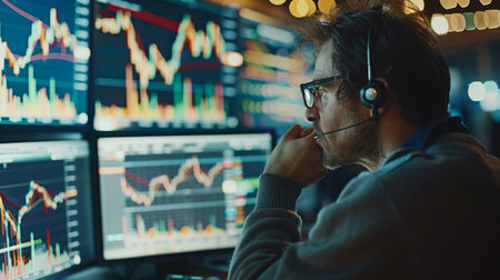 A trader analyzing stock market graphs and charts on a desktop computer, monitoring market trends and making trading decisions in real-time.の素材
