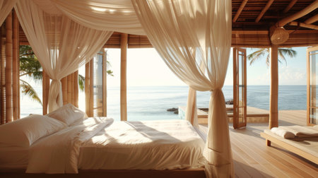 A serene beachfront bedroom with a canopy bed, flowing curtains, and panoramic views of the ocean for a tranquil retreat.の素材