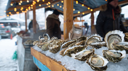 A seafood market stall showcasing a variety of freshly harvested oysters, displayed on ice for sale to discerning customers.の素材