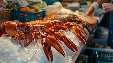 A seafood market vendor displaying a variety of lobsters on ice, showcasing different sizes and species for customers to choose from.の素材