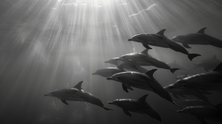 Dolphins swimming in formation, their sleek bodies gliding effortlessly through the water as they navigate the ocean currents.の素材