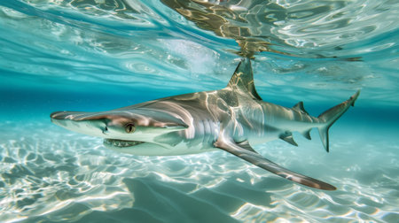 Close-up of a hammerhead shark swimming gracefully through crystal-clear waters, its distinctive head shape visible beneath the surface.の素材