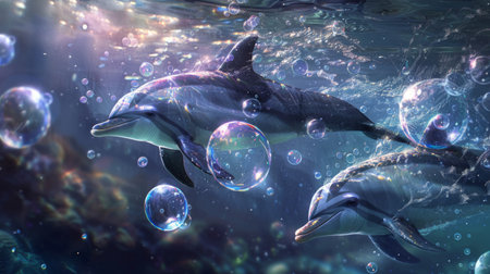Dolphins interacting with underwater bubbles, chasing and playing with the shimmering orbs in a display of curiosity and delight.の素材