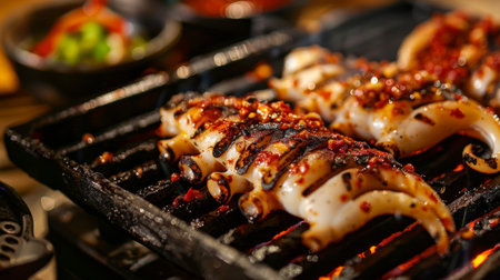A succulent grilled squid sizzling on a hot barbecue grill, charred to perfection and served with a side of spicy dipping sauce.の素材