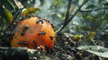 Ants swarming around a fallen fruit, highlighting their role in seed dispersal and nutrient recycling in forest ecosystems.の素材