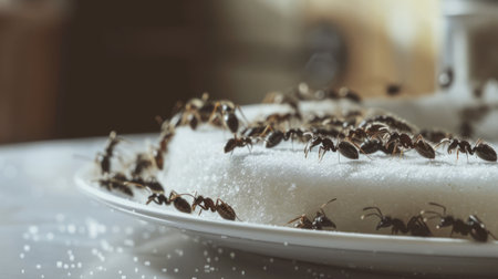 Ants gathering around a sugar bait trap in a kitchen, highlighting the challenges of pest control and prevention in households.の素材