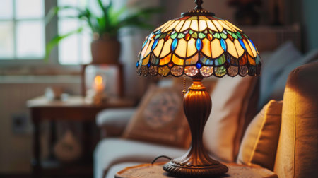 A traditional table lamp with a stained glass shade, casting a warm and colorful glow on a cozy reading nook or bedside table.の素材