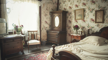 A vintage-inspired bedroom with antique furniture, floral wallpaper, and lace curtains, evoking a sense of nostalgia and charm.の素材
