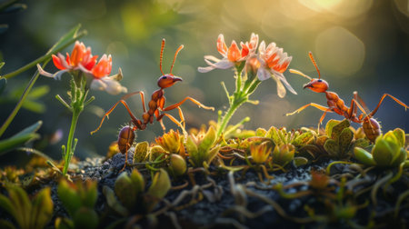 Ants carrying flower petals to their nest, showcasing their role as essential pollinators in maintaining ecosystem biodiversityの素材