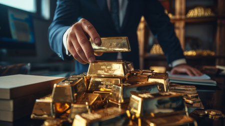 A businessman counting gold bars on a table, calculating wealth and assessing investment portfolios.の素材