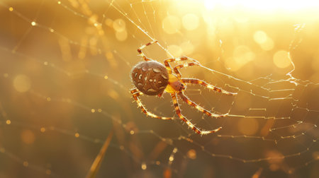 A curious orb-weaver spider suspended in mid-air, its delicate silk thread glistening in the sunlight against a blurred backgroundの素材