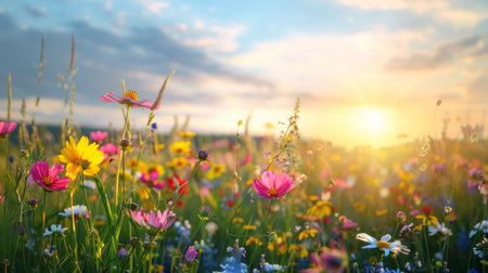 A breathtaking sunrise over a field of wildflowers, with the sun casting a warm glow over the colorful bloomsの素材