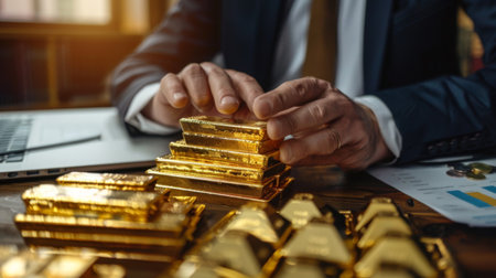 A businessman counting gold bars on a table, calculating wealth and assessing investment portfolios.の素材