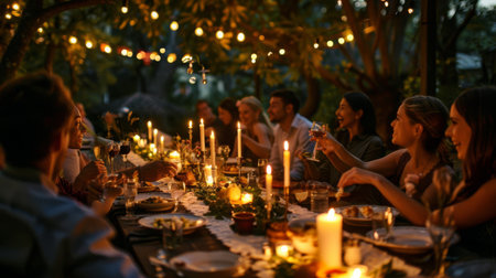 A candlelit outdoor dinner celebration with candles placed on a long dining table, surrounded by friends and laughterの素材
