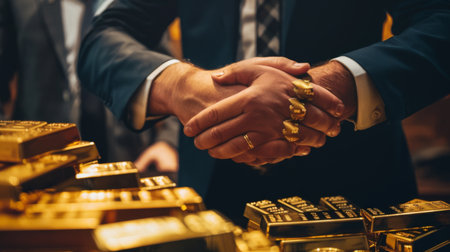 A businessman negotiating a deal involving the exchange of gold bars, illustrating the universal value and acceptance of gold as currency.の素材