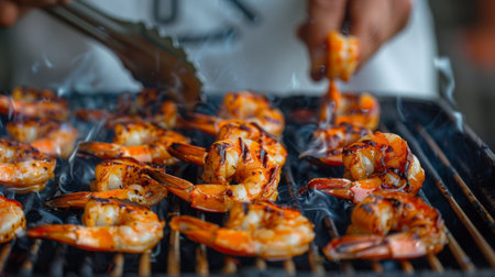 A chef grilling jumbo shrimp on a barbecue grill, brushing them with marinade and turning them with tongs for even cooking and caramelization.の素材