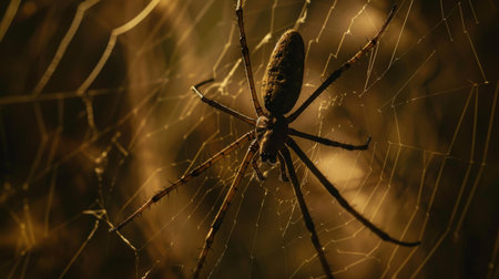 A cellar spider hanging upside down in its web, its long legs poised to detect the slightest movement in its dimly lit habitatの素材