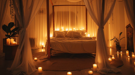 A candlelit bedroom with candles placed around a canopy bed, creating a romantic and intimate retreat for couplesの素材