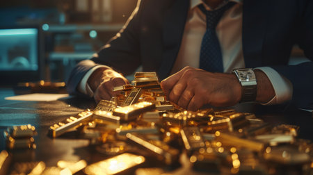 A businessman examining a pile of gold bars on a table, representing investment opportunities in precious metals.の素材