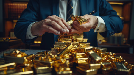 A businessman examining a pile of gold bars on a table, representing investment opportunities in precious metals.の素材