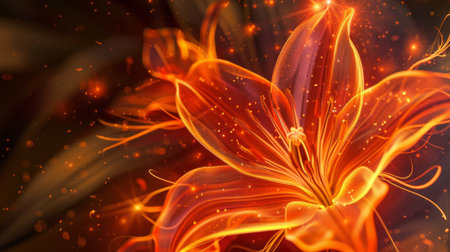 A close-up of a glowing fire flower in full bloom, its delicate petals shimmering with flickering flamesの素材