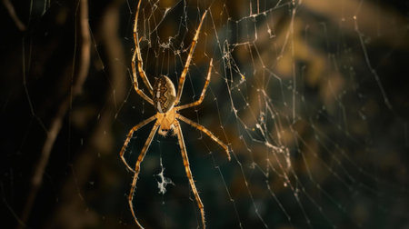 A cellar spider hanging upside down in its web, its long legs poised to detect the slightest movement in its dimly lit habitatの素材