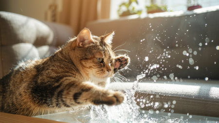 A chubby cat dipping its paw into a pet water fountain, splashing water around in a cozy and bright living roomの素材