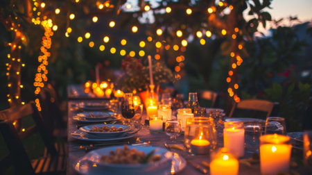 A candlelit outdoor dinner celebration with candles placed on a long dining table, surrounded by friends and laughterの素材