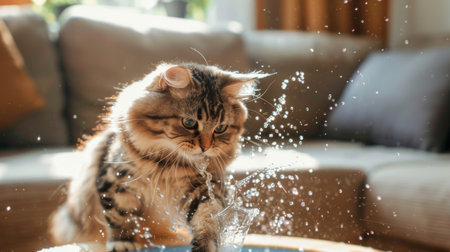 A chubby cat dipping its paw into a pet water fountain, splashing water around in a cozy and bright living roomの素材