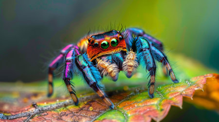 A close-up of a colorful jumping spider on a leaf, showcasing the intricate patterns and vibrant hues of nature's tiny marvelsの素材