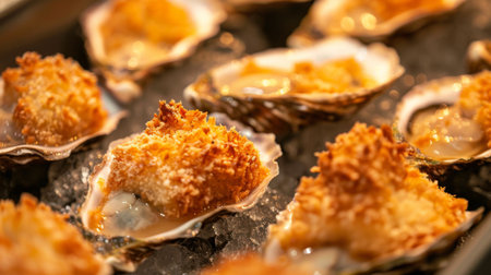 A close-up of oysters being breaded and fried to golden perfection, served hot and crispy as a mouthwatering appetizer.の素材