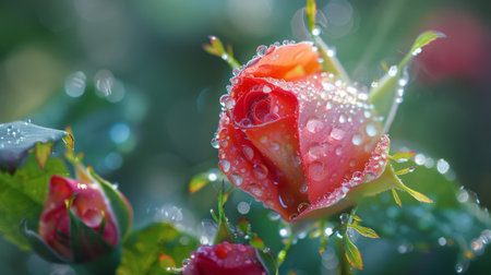 A dew-kissed rosebud awakening to the morning light, adorned with glistening droplets of nature's refreshmentの素材