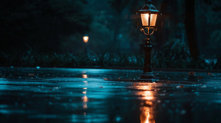 A classic street lamp casting a soft glow on a rainy night, reflecting off wet pavement and creating a romantic sceneの素材