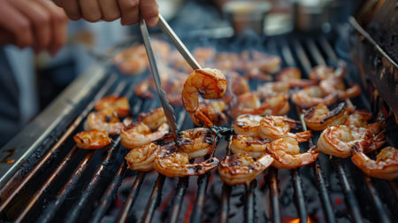 A chef grilling jumbo shrimp on a barbecue grill, brushing them with marinade and turning them with tongs for even cooking and caramelization.の素材