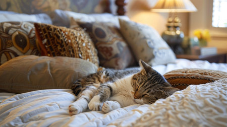 A chunky cat snoozing on a king-sized bed, nestled among decorative pillows in a tastefully decorated bedroomの素材