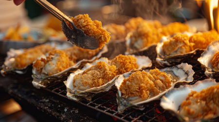 A close-up of oysters being breaded and fried to golden perfection, served hot and crispy as a mouthwatering appetizer.の素材