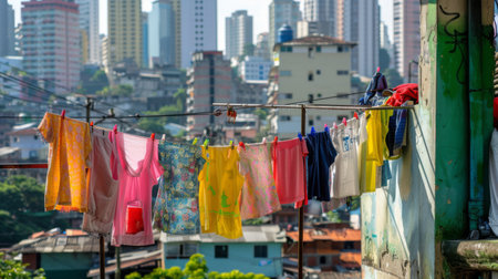 A colorful array of clothes drying on a balcony, with a bustling cityscape in the backgroundの素材