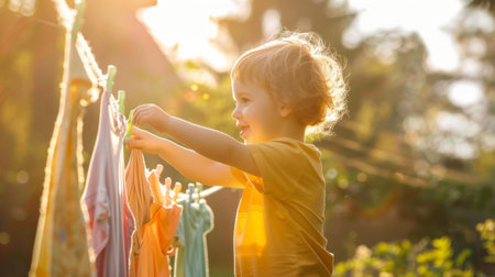 A child helping to hang clothes on an outdoor clothesline, having fun on a sunny afternoonの素材