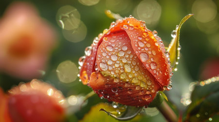 A dew-kissed rosebud awakening to the morning light, adorned with glistening droplets of nature's refreshmentの素材