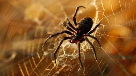 A close-up of a black widow spider weaving its distinctive web, its red hourglass marking serving as a warning to potential predatorsの素材
