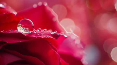 A dewdrop glistening on the petal of a vibrant red rose, capturing the beauty of nature's delicate touchの素材