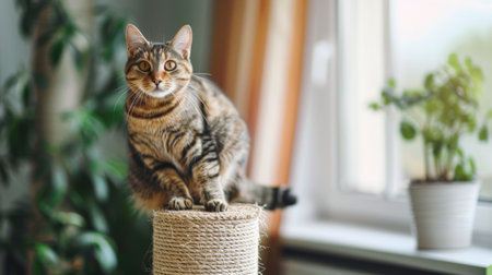 A chunky cat perched on a scratching post, looking out at the room with curiosity in a contemporary living spaceの素材