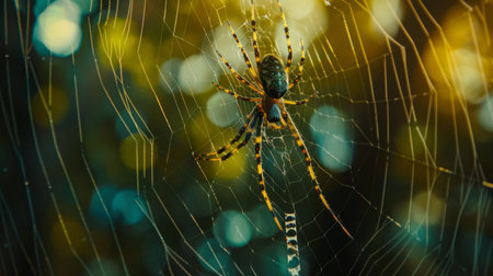 A golden silk orb-weaver spider perched on its intricate web, patiently awaiting its next meal in the tranquil forestの素材