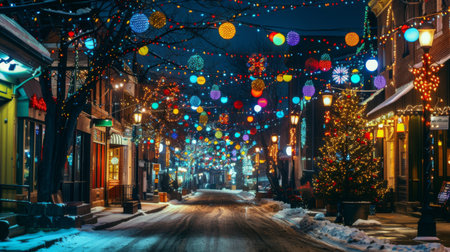 A festive street adorned with colorful holiday lights, creating a joyful and vibrant atmosphere at nightの素材