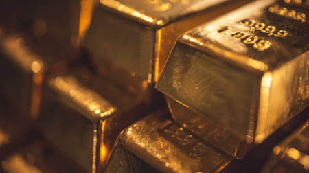 A close-up of gleaming gold bars arranged in a neat stack, symbolizing wealth, prosperity, and financial stability.の素材