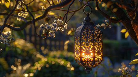 A decorative lantern hanging from a tree branch, casting intricate patterns of light and shadow in a gardenの素材